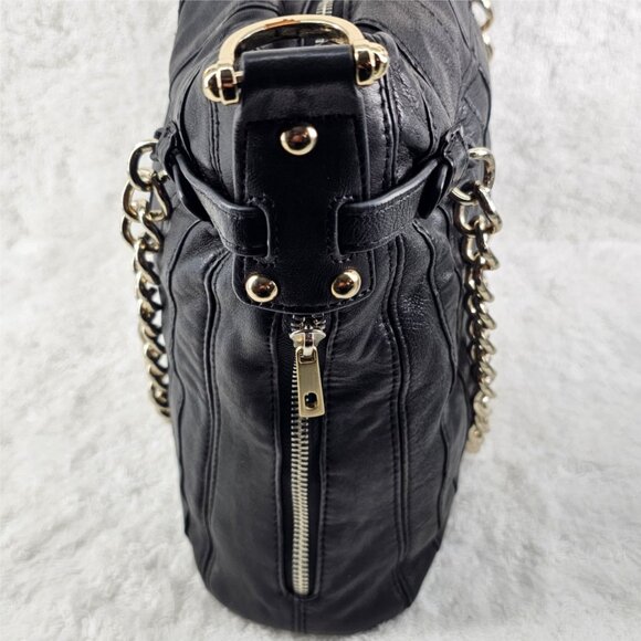 JUNIOR DRAKE Black Lambskin Leather Shoulder Bag with Gold Chain Accent Straps - Picture 4 of 15